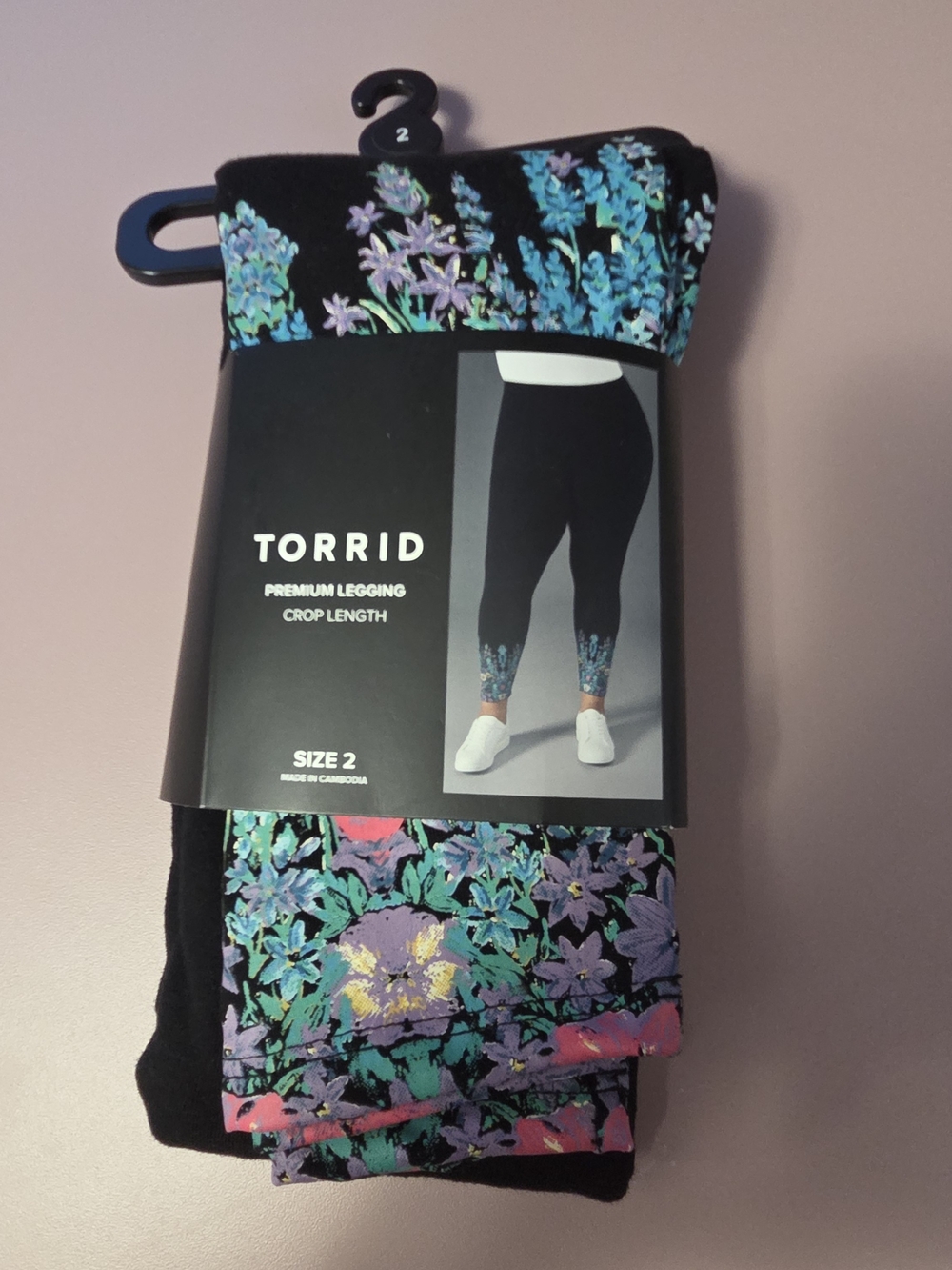 torrid size 2 Black Leggings with Blue, Purple & Pink Floral Cuffs